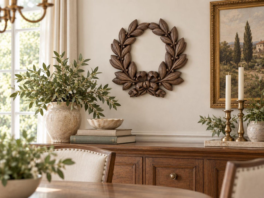 Laurel Wreath Wall Art | Hand-Sanded & Hand-Toned Carved Wood | Classic Home Decor