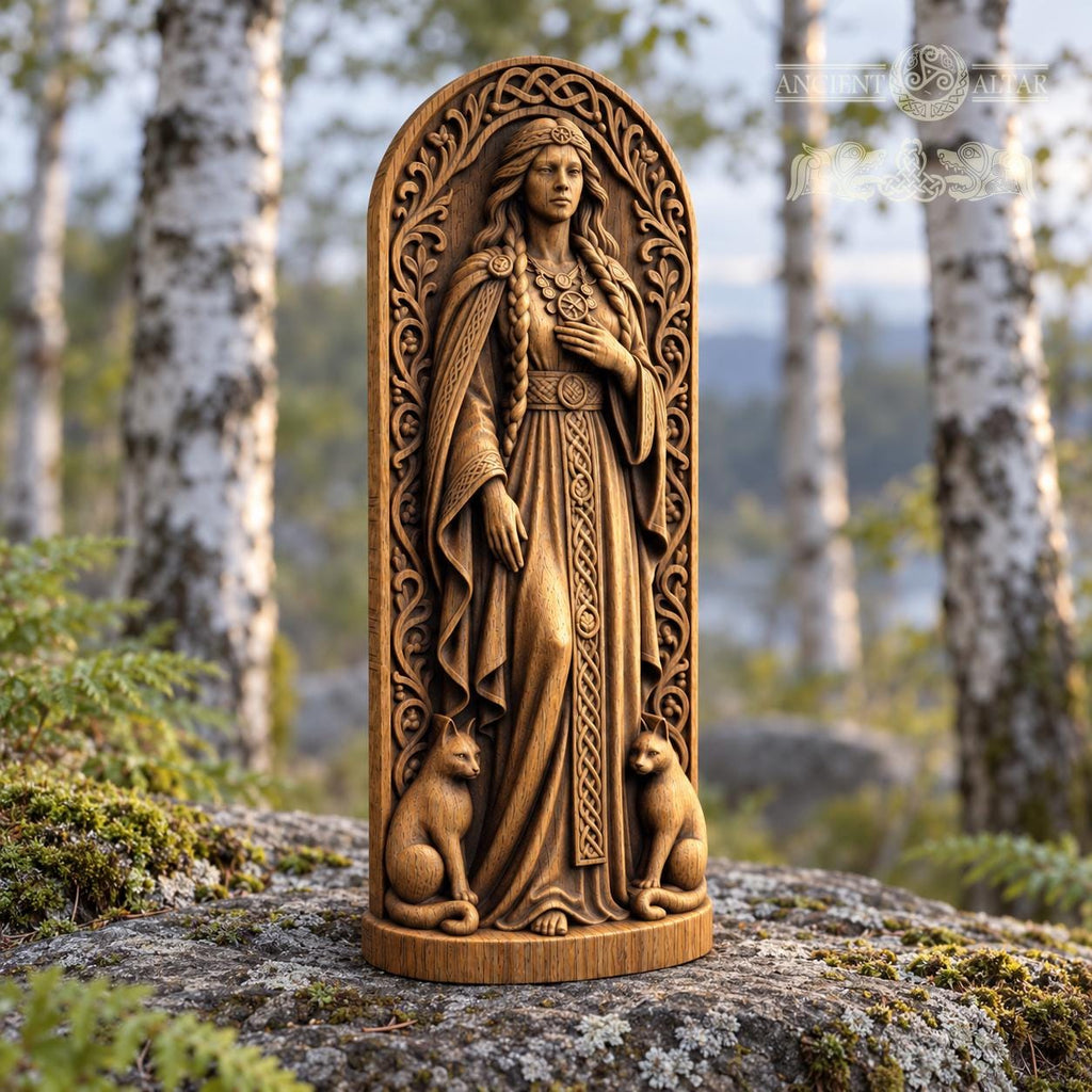 Freyja Statue with Cats, Wooden Norse Goddess Figurine, Viking Pagan Altar Decor, Freya Sculpture, Scandinavian Mythology Gift