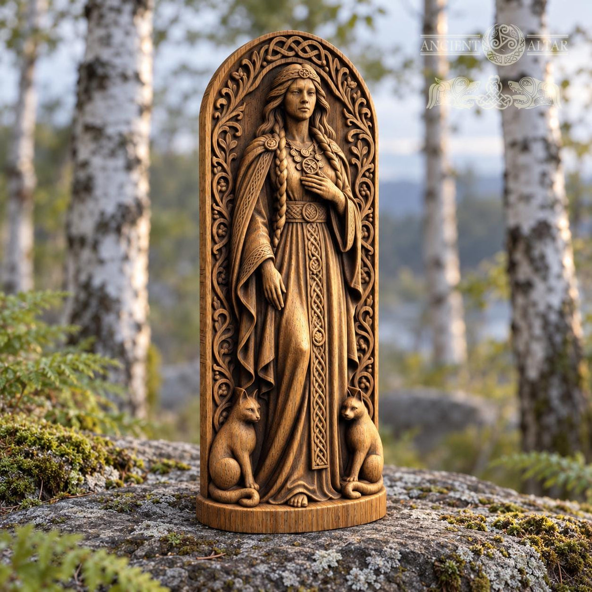 Freyja Statue with Cats, Wooden Norse Goddess Figurine, Viking Pagan Altar Decor, Freya Sculpture, Scandinavian Mythology Gift