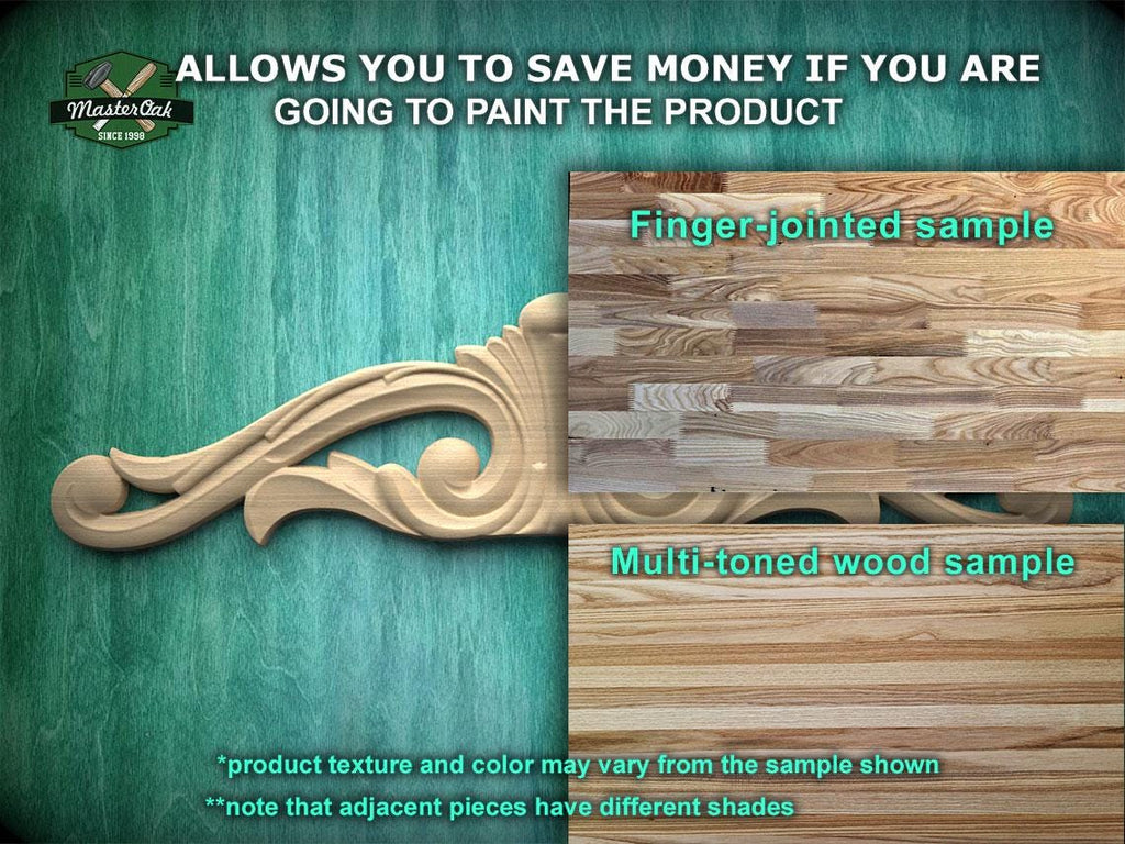 The image is a promotional advertisement for MasterCok's products, specifically their wood samples. It features a close-up of a wooden sample with a carved design, as well as a multi-toned wood sample. The advertisement highlights the differences between the two samples, such as the product texture and color, and mentions that adjacent pieces may have different shades. The image is a collage of two separate images, with the main focus being the comparison of the two wood samples.