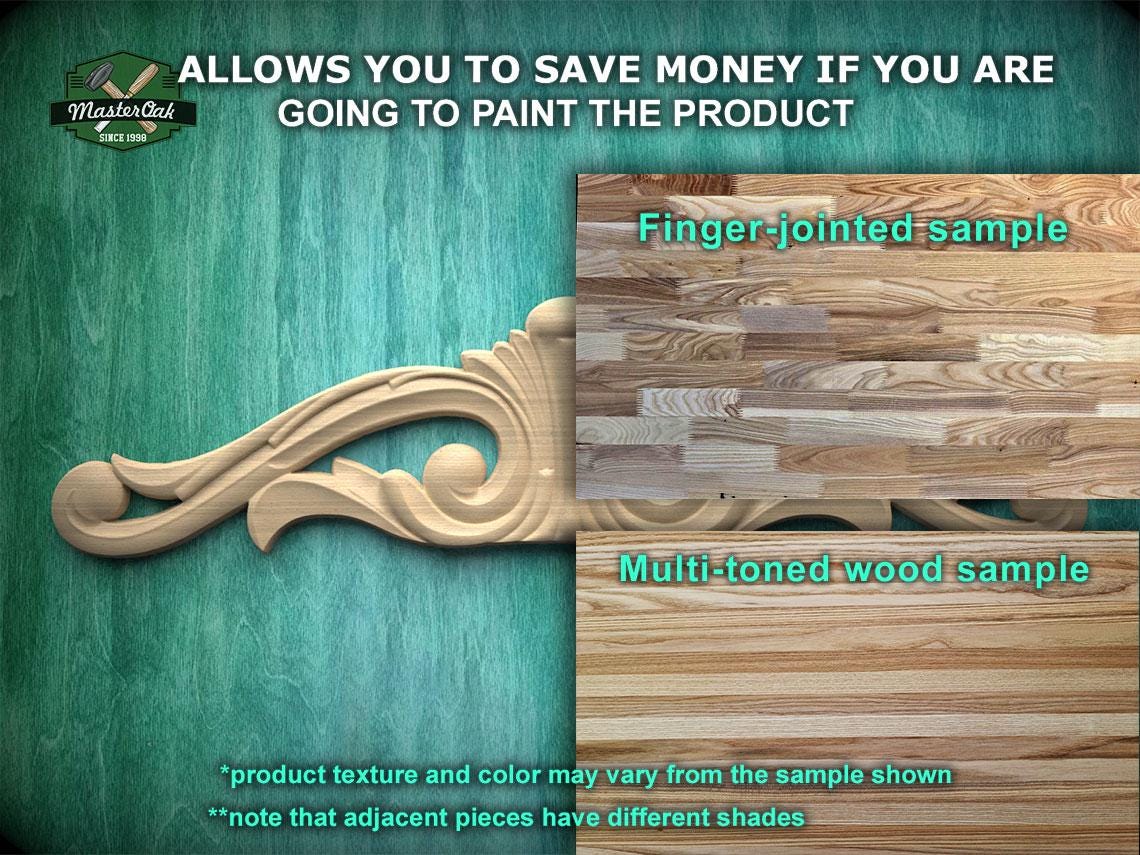 The image is a promotional advertisement for MasterCok's products, specifically their wood samples. It features a close-up of a wooden sample with a carved design, as well as a multi-toned wood sample. The advertisement highlights the differences between the two samples, such as the product texture and color, and mentions that adjacent pieces may have different shades. The image is a collage of two separate images, with the main focus being the comparison of the two wood samples.