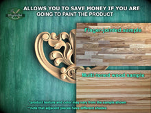 Load image into Gallery viewer, The image is a collage of two wood samples, one with a finger-jointed sample and the other with a multi-toned wood sample. The text above the samples states that the product allows you to save money if you are going to paint the product. The samples are labeled with their respective names, and the text below the samples provides additional information about the product.
