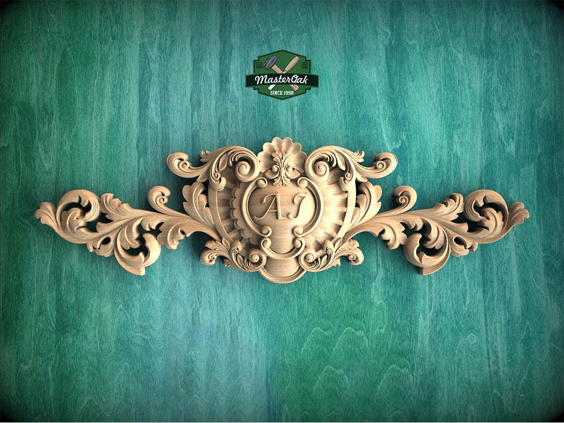 Personalized Baroque Crest with Cartouche – Ornate Carved Wood Applique for Furniture