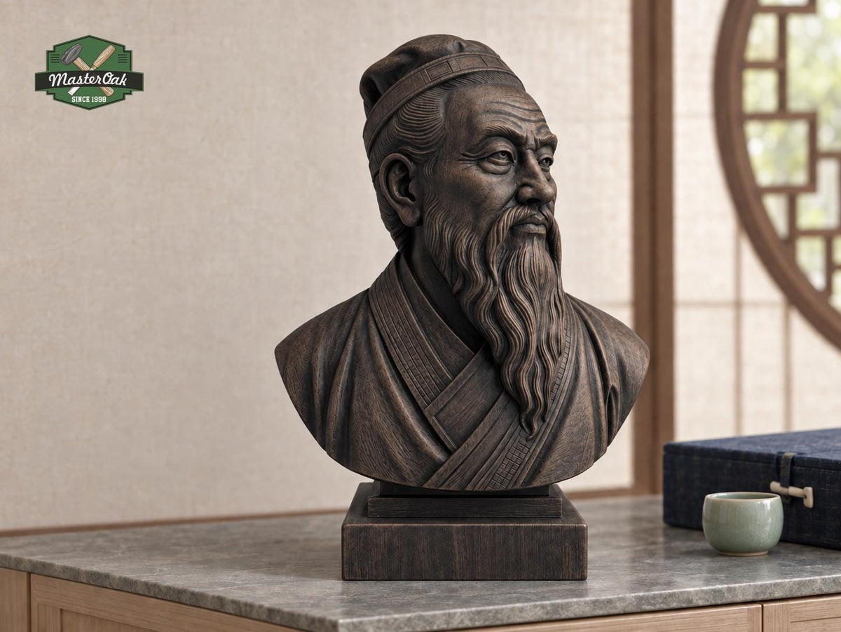 Confucius Bust | Carved & Hand-Finished Wood Statue | Chinese Philosophy Decor