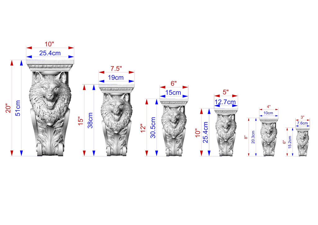 A series of seven gray stone lion statues, each with a unique size and height, ranging from 10" to 25" in centimeters. The statues are arranged in a row, with the tallest one on the left and the shortest one on the right. The image provides a visual representation of the different sizes of the statues, likely used for design or artistic purposes.