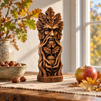 a wooden sculpture of a face with a carved tree trunk, surrounded by autumn leaves, a bowl of nuts, and an apple.
