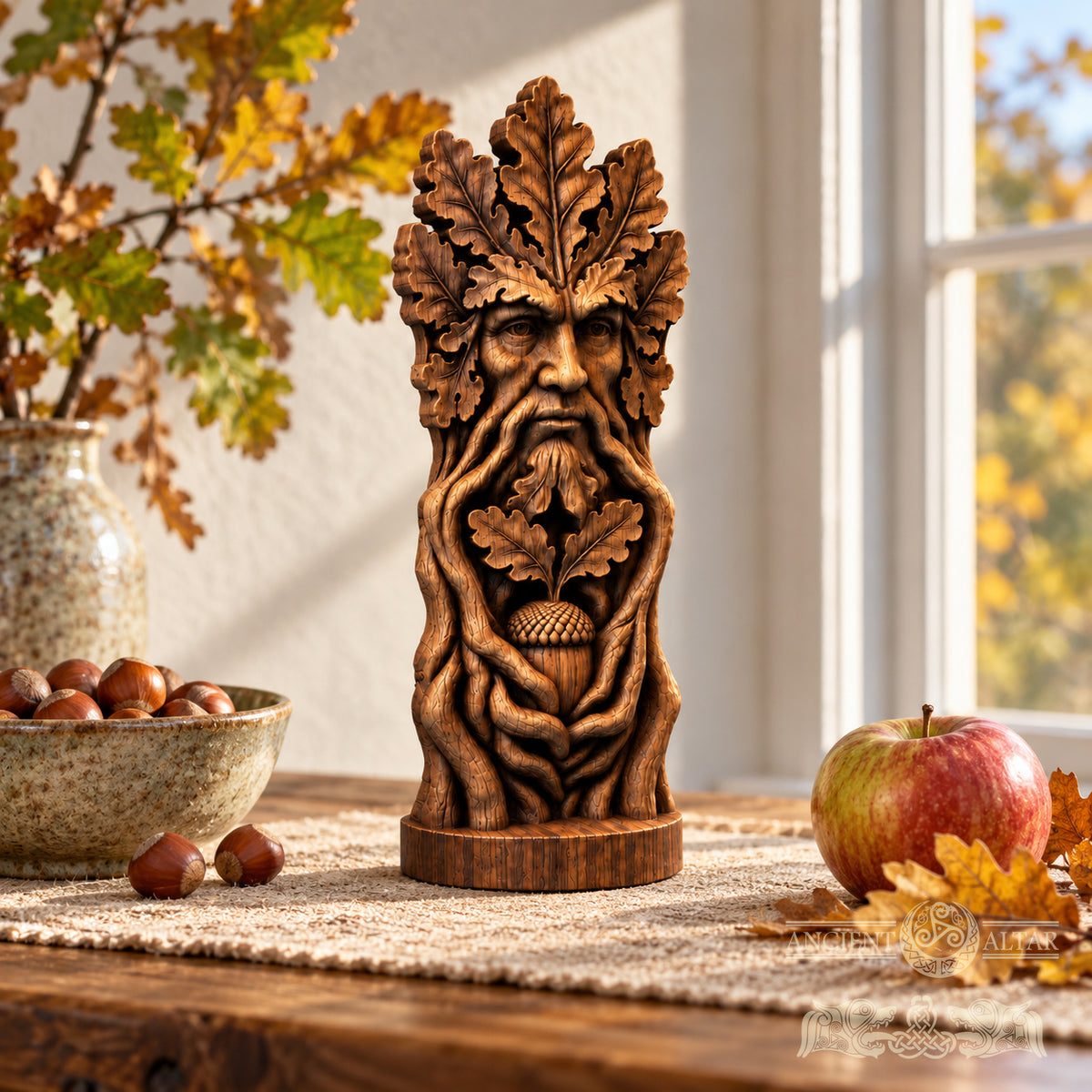 a wooden sculpture of a face with a carved tree trunk, surrounded by autumn leaves, a bowl of nuts, and an apple.