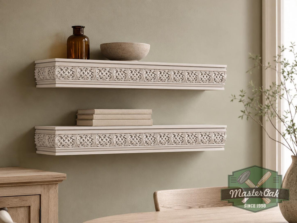 Carved Solid Oak Wall Shelf with Celtic Knot Pattern, Ornate Floating Shelf, Decorative Wood Display Shelf, Traditional Home Decor