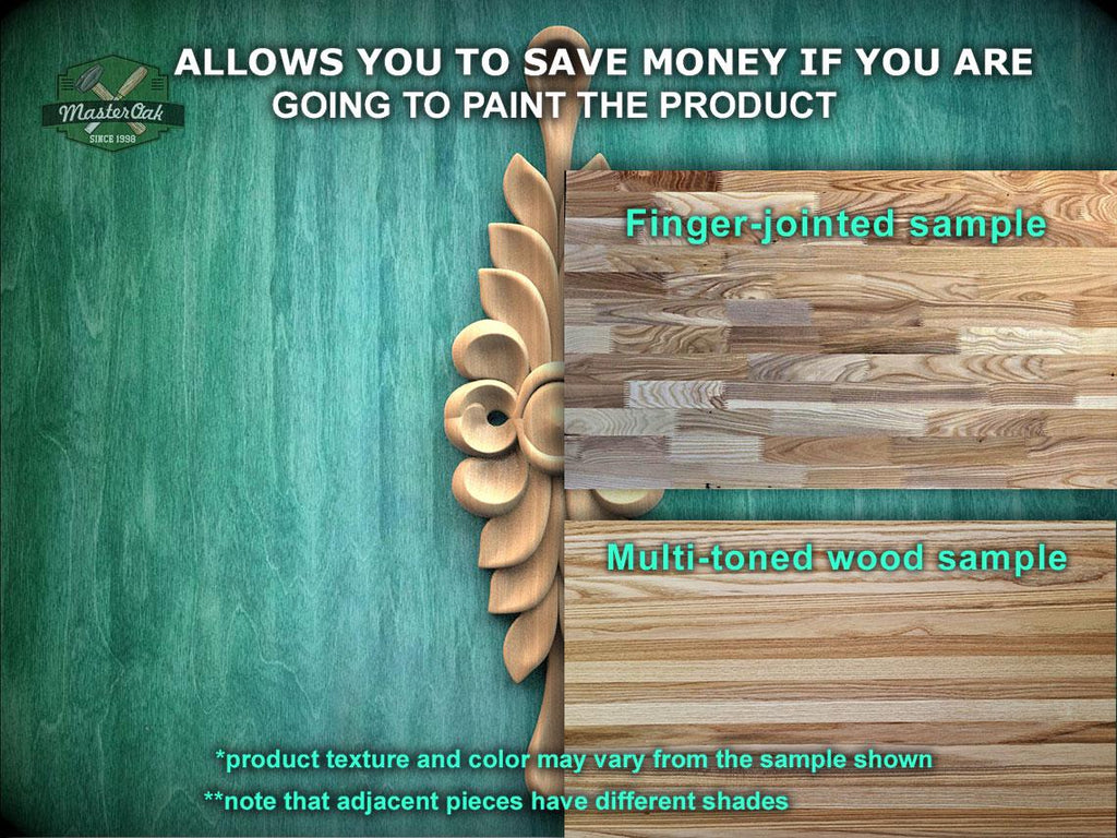 The image is a promotional advertisement for Master Oak Paint, featuring a close-up of a wooden surface with a floral design and a sample of a multi-toned wood sample.