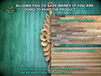 The image is a promotional advertisement for Master Oak Paint, featuring a close-up of a wooden surface with a floral design and a sample of a multi-toned wood sample.