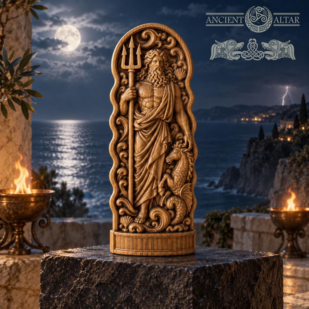 Neptune Wooden Statue, Roman Sea God Figurine, Poseidon Sculpture with Trident, Pagan Altar Decor, Ancient Mythology Gift