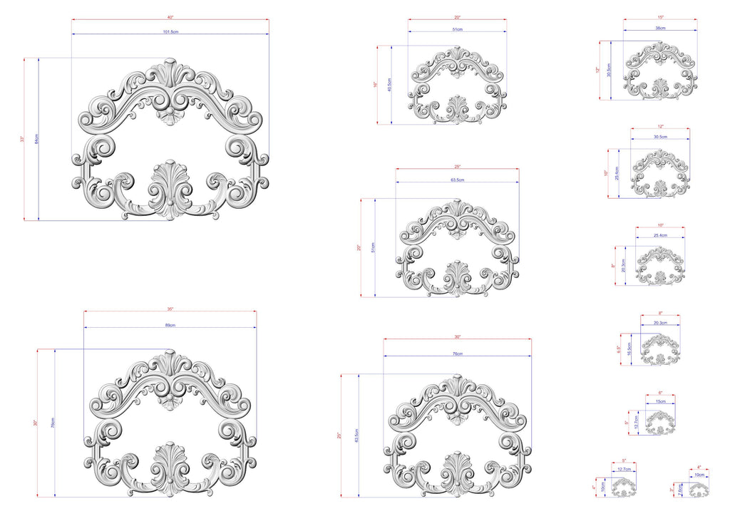 a collection of ornate, decorative designs in a 3D rendering, with measurements and scale details provided. The designs are intricate and feature elaborate scrollwork and floral patterns, showcasing the artist's skill and attention to detail.