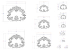 a collection of ornate, decorative designs in a 3D rendering, with measurements and scale details provided. The designs are intricate and feature elaborate scrollwork and floral patterns, showcasing the artist's skill and attention to detail.