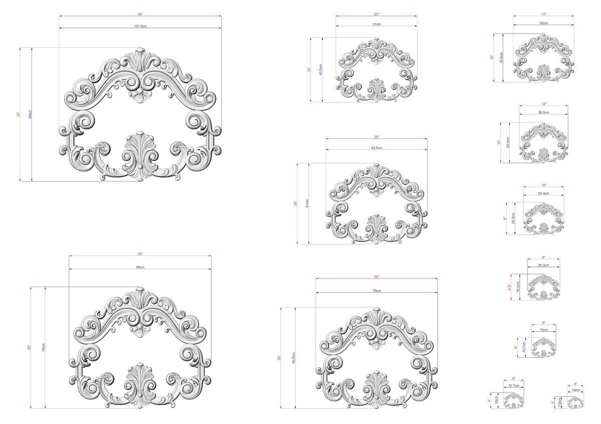a collection of ornate, decorative designs in a 3D rendering, with measurements and scale details provided. The designs are intricate and feature elaborate scrollwork and floral patterns, showcasing the artist's skill and attention to detail.
