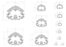 Load image into Gallery viewer, a collection of ornate, decorative designs in a 3D rendering, with measurements and scale details provided. The designs are intricate and feature elaborate scrollwork and floral patterns, showcasing the artist&#39;s skill and attention to detail.

