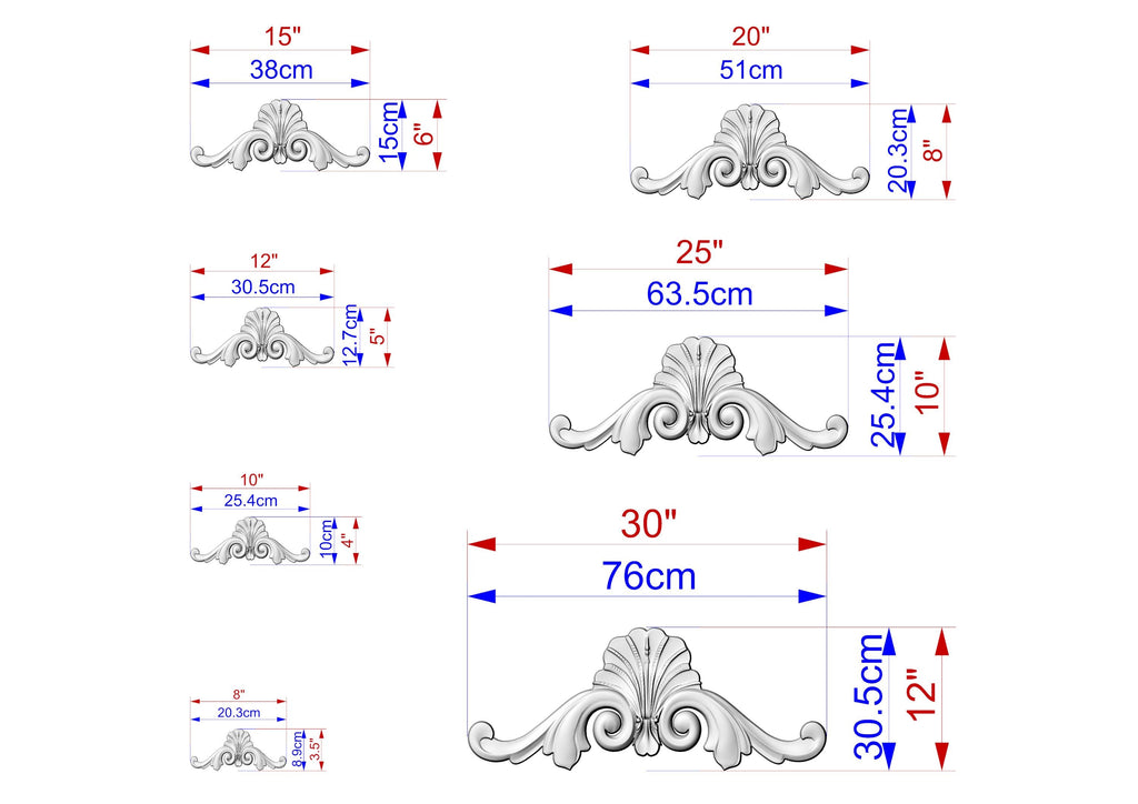 a series of images depicting various sizes of ornamental designs, likely used for scale reference purposes. The images are labeled with their respective sizes in centimeters, ranging from 15 to 75 centimeters. The images are arranged in a grid format, with each row representing a different size and the columns representing the different images. The labels provide a clear visual representation of the size differences between the images.