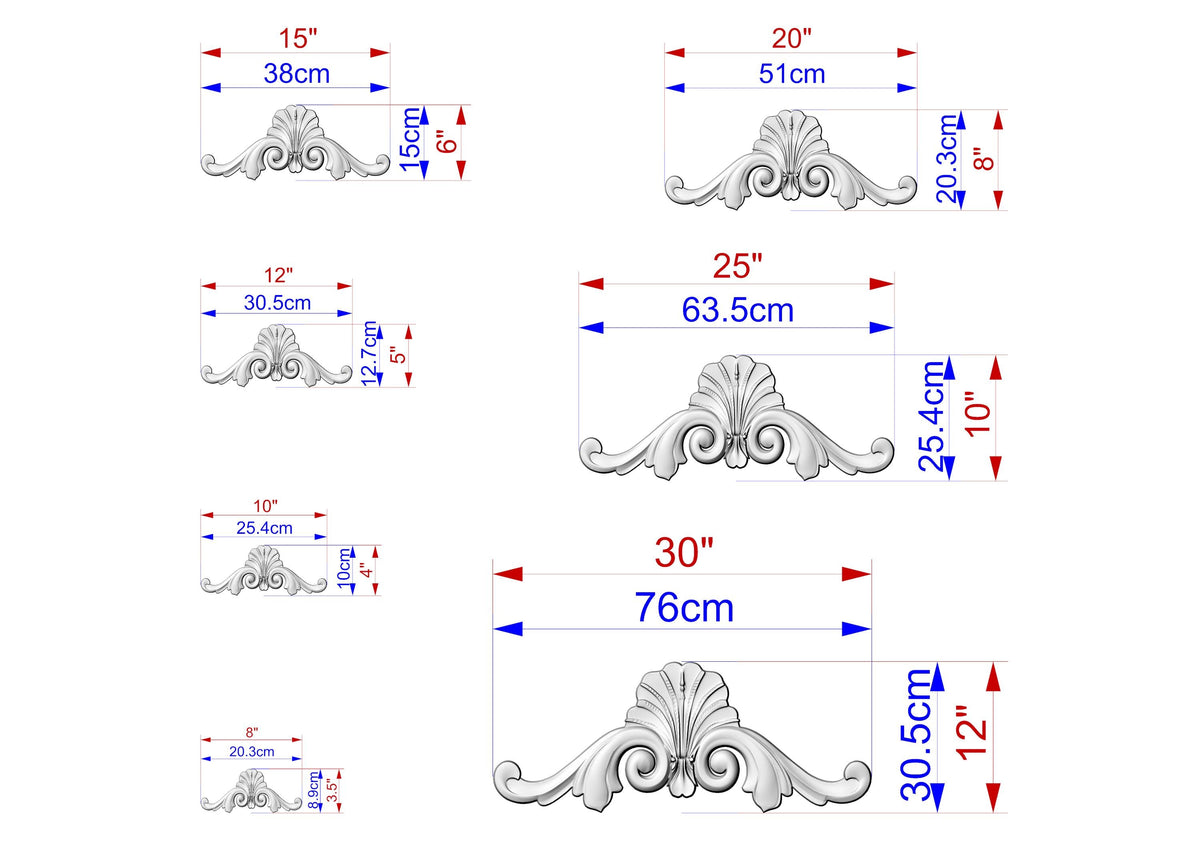 a series of images depicting various sizes of ornamental designs, likely used for scale reference purposes. The images are labeled with their respective sizes in centimeters, ranging from 15 to 75 centimeters. The images are arranged in a grid format, with each row representing a different size and the columns representing the different images. The labels provide a clear visual representation of the size differences between the images.