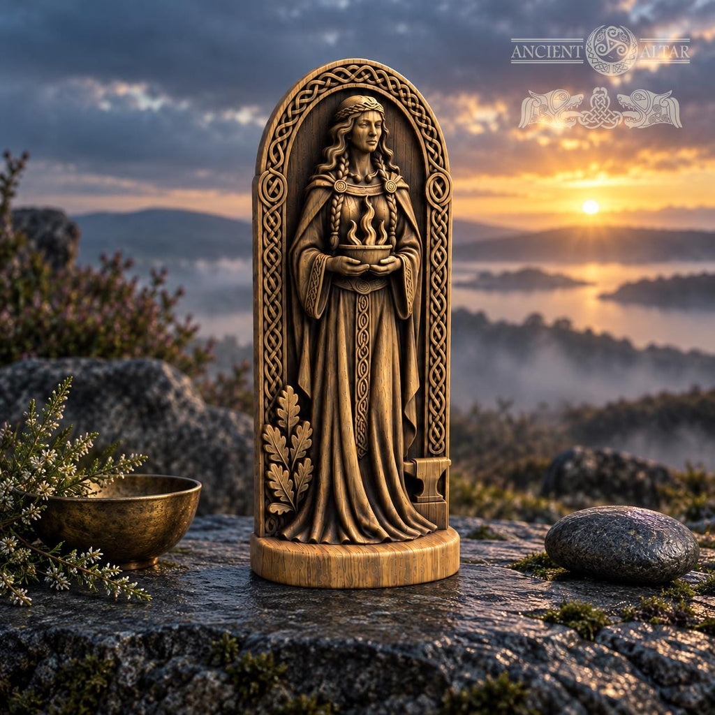 Brigid Statue with Sacred Flame and Anvil, Wooden Celtic Goddess Figurine, Imbolc Altar Decor, Irish Pagan Smithcraft Gift