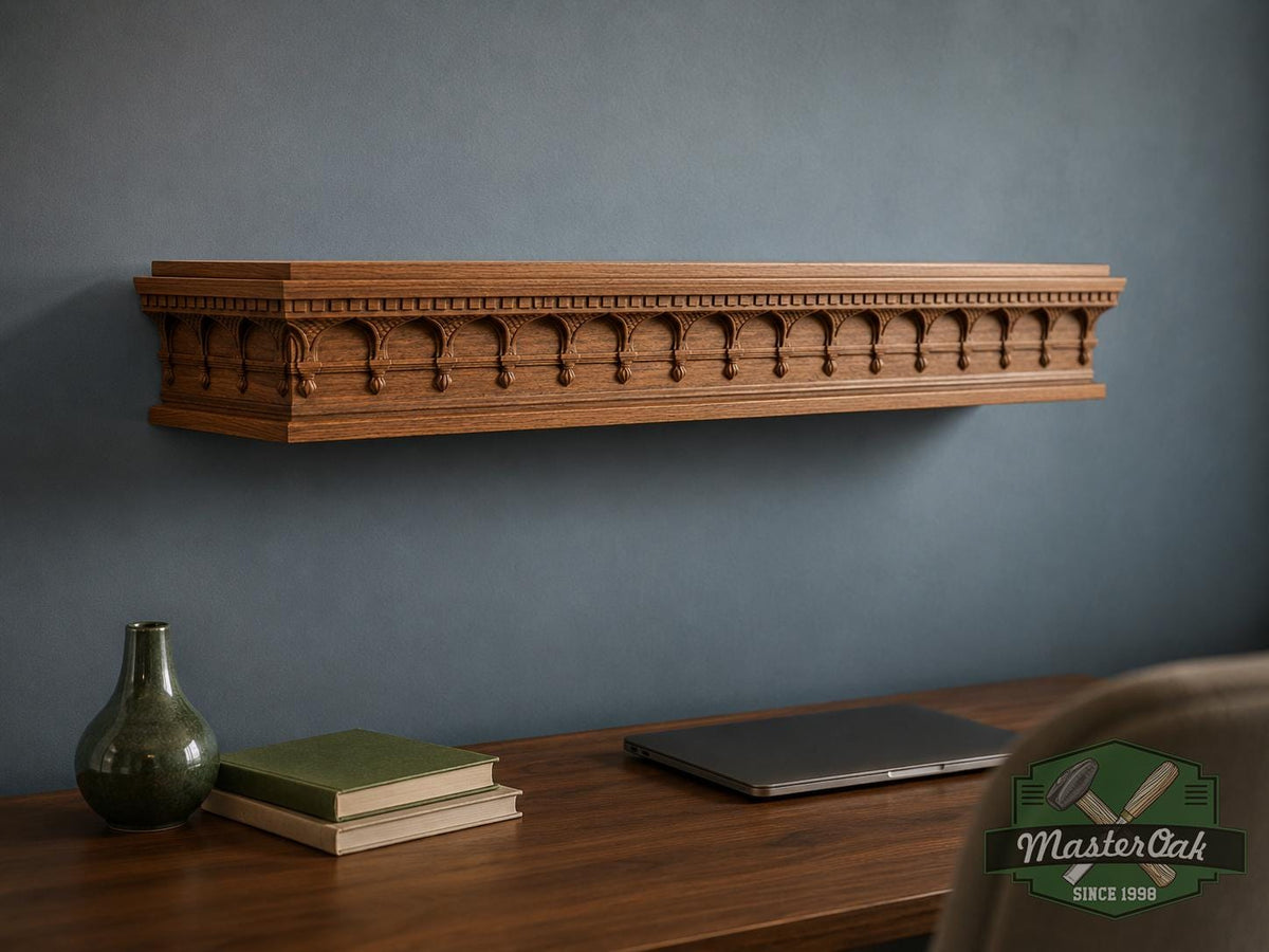 Carved Solid Oak Fireplace Mantel Shelf with Arched Arcade, Ornate Floating Wall Shelf, Classical Architectural Home Decor