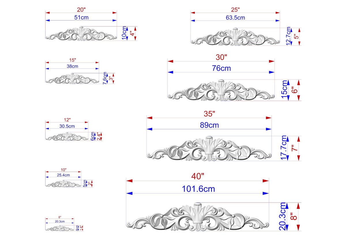 a series of decorative designs, each with its own unique size and scale. The designs are depicted in various sizes, ranging from small to large, and are labeled with their respective measurements. The image is a collection of different designs, each with its own distinct style and dimensions.
