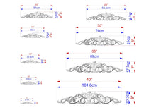Load image into Gallery viewer, a series of decorative designs, each with its own unique size and scale. The designs are depicted in various sizes, ranging from small to large, and are labeled with their respective measurements. The image is a collection of different designs, each with its own distinct style and dimensions.
