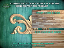 Load image into Gallery viewer, The image is a promotional advertisement for Master Oak, a company that sells wood products. It features a close-up of a wooden sample, highlighting the different textures and colors of the wood. The ad encourages viewers to save money by painting the product, offering a finger-jointed sample and a multi-toned wood sample to choose from. The text emphasizes that the product texture and color may vary from the sample shown, and that adjacent pieces have different shades.

