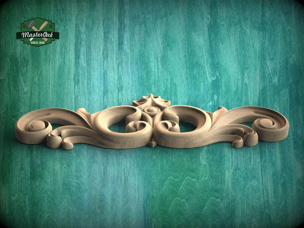 Ornate Scroll Crest with Central Bloom – Decorative Wood Accent