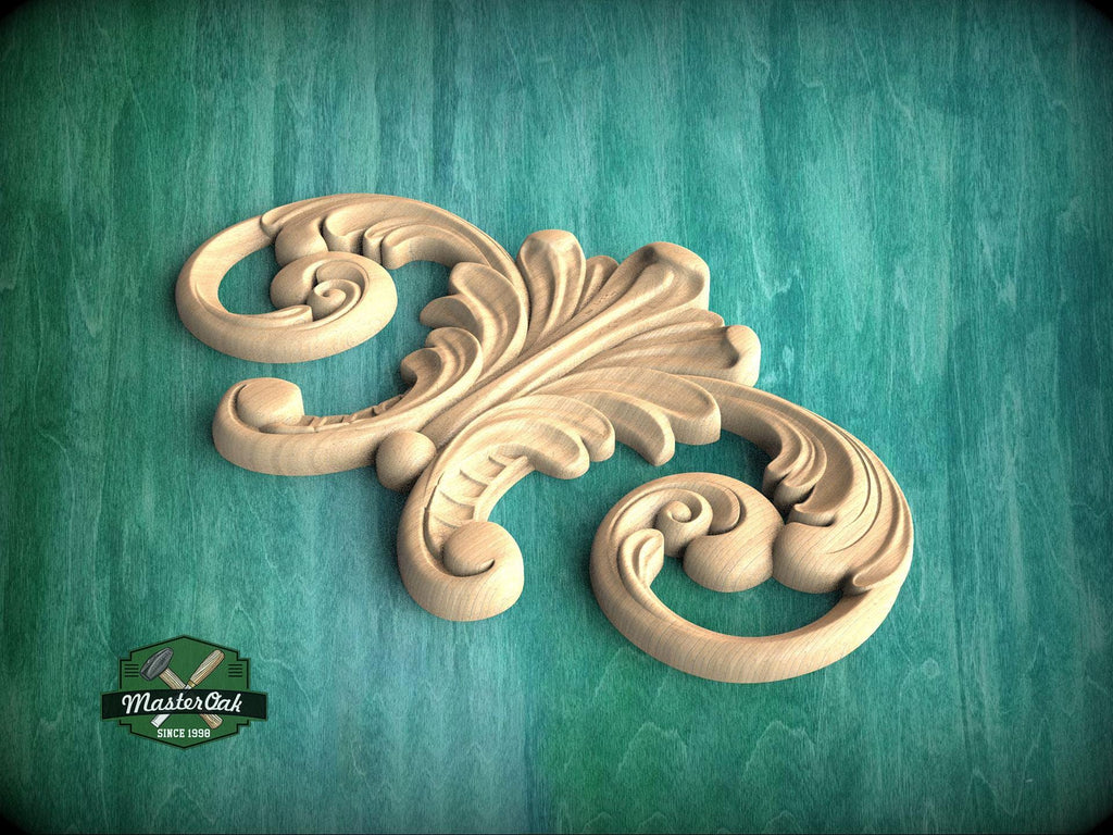 A carved wooden ornament with an intricate, swirling design is displayed against a green background.