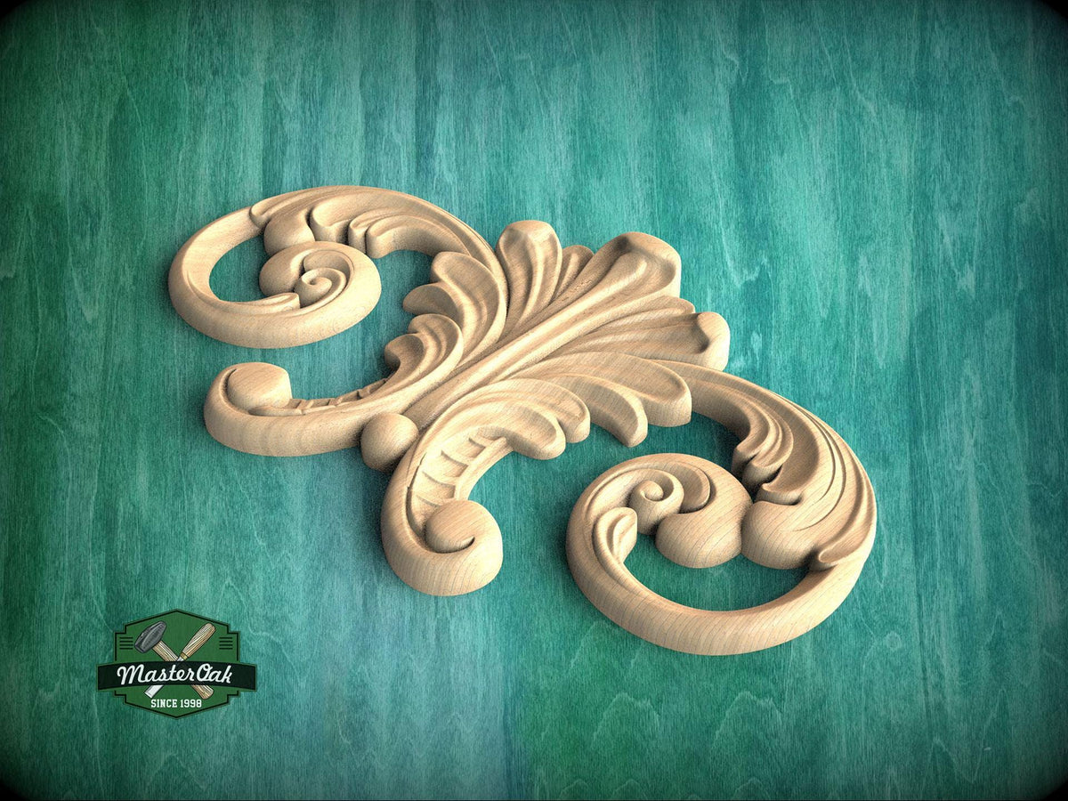 A carved wooden ornament with an intricate, swirling design is displayed against a green background.