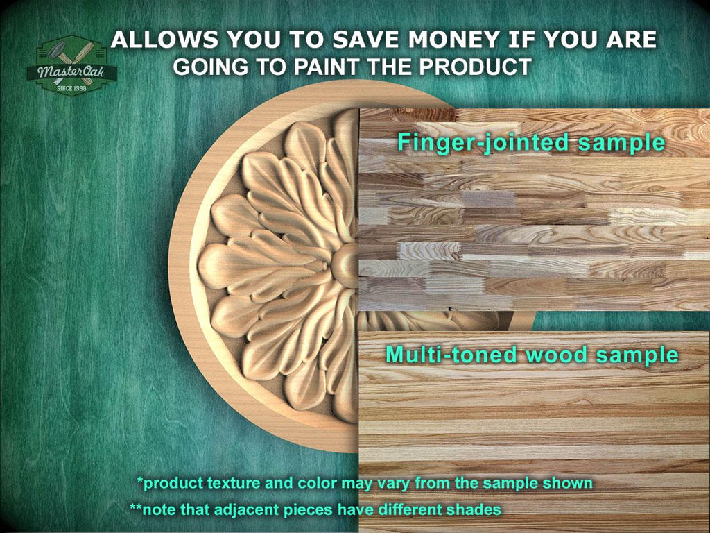 The image is a promotional image for Master Oak, a company that specializes in painting products. It features a wooden sample of a product, such as a hand-carved piece of wood, and a multi-toned wood sample. The image highlights the differences between the two samples, such as the product texture and color, and mentions that adjacent pieces may have different shades. The image is designed to encourage potential customers to save money by painting the product themselves.