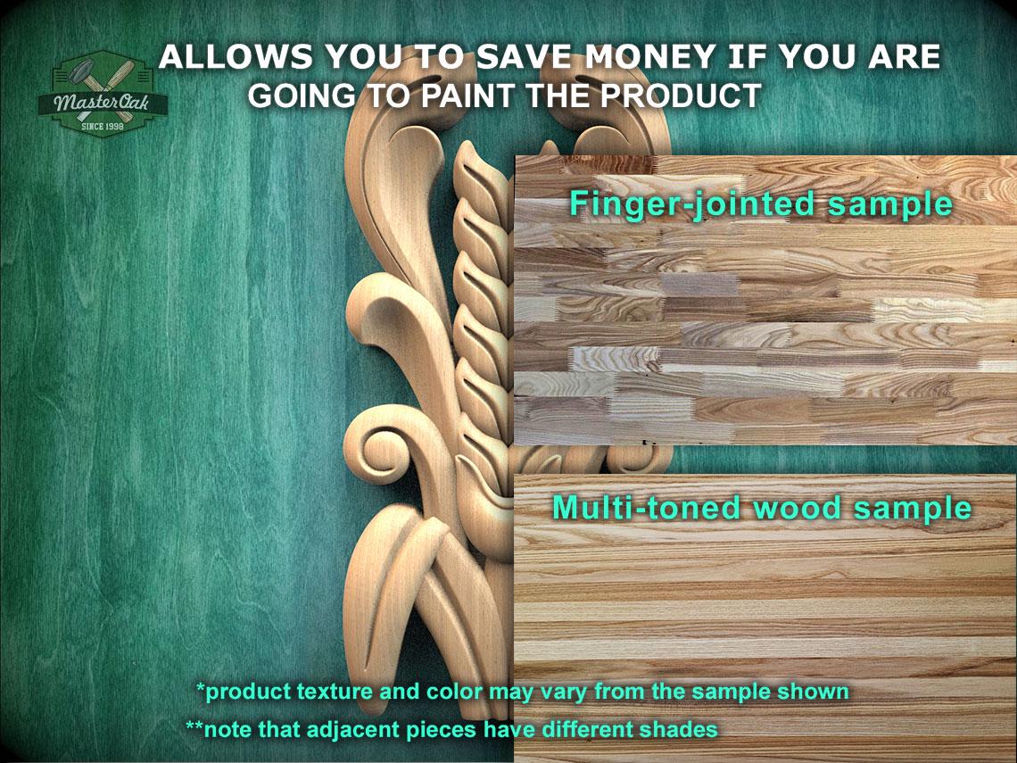 The image is a promotional advertisement for Master Oak Paint, showcasing a variety of wood samples. It features a wooden carving and a multi-toned wood sample, highlighting the different textures and colors of the wood. The text on the image encourages viewers to save money by painting the product, and it provides a finger-jointed sample and a multi-toned wood sample to demonstrate the variety of options available.