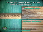 The image is a collage of three different wood samples, each with a distinct finish and color. The text above the samples states that the product allows you to save money if you are going to paint the product. The samples shown are a finger-jointed sample, a multi-toned wood sample, and a multi-toned wood sample. The text below the samples mentions that the product texture and color may vary from the sample shown, and that adjacent pieces have different shades.