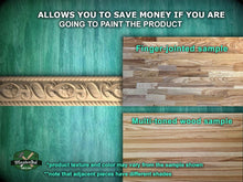 Load image into Gallery viewer, The image is a collage of three different wood samples, each with a distinct finish and color. The text above the samples states that the product allows you to save money if you are going to paint the product. The samples shown are a finger-jointed sample, a multi-toned wood sample, and a multi-toned wood sample. The text below the samples mentions that the product texture and color may vary from the sample shown, and that adjacent pieces have different shades.
