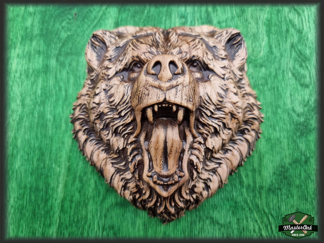 Custom order. Angry Bear Head carved of wood, size- 10x9.4