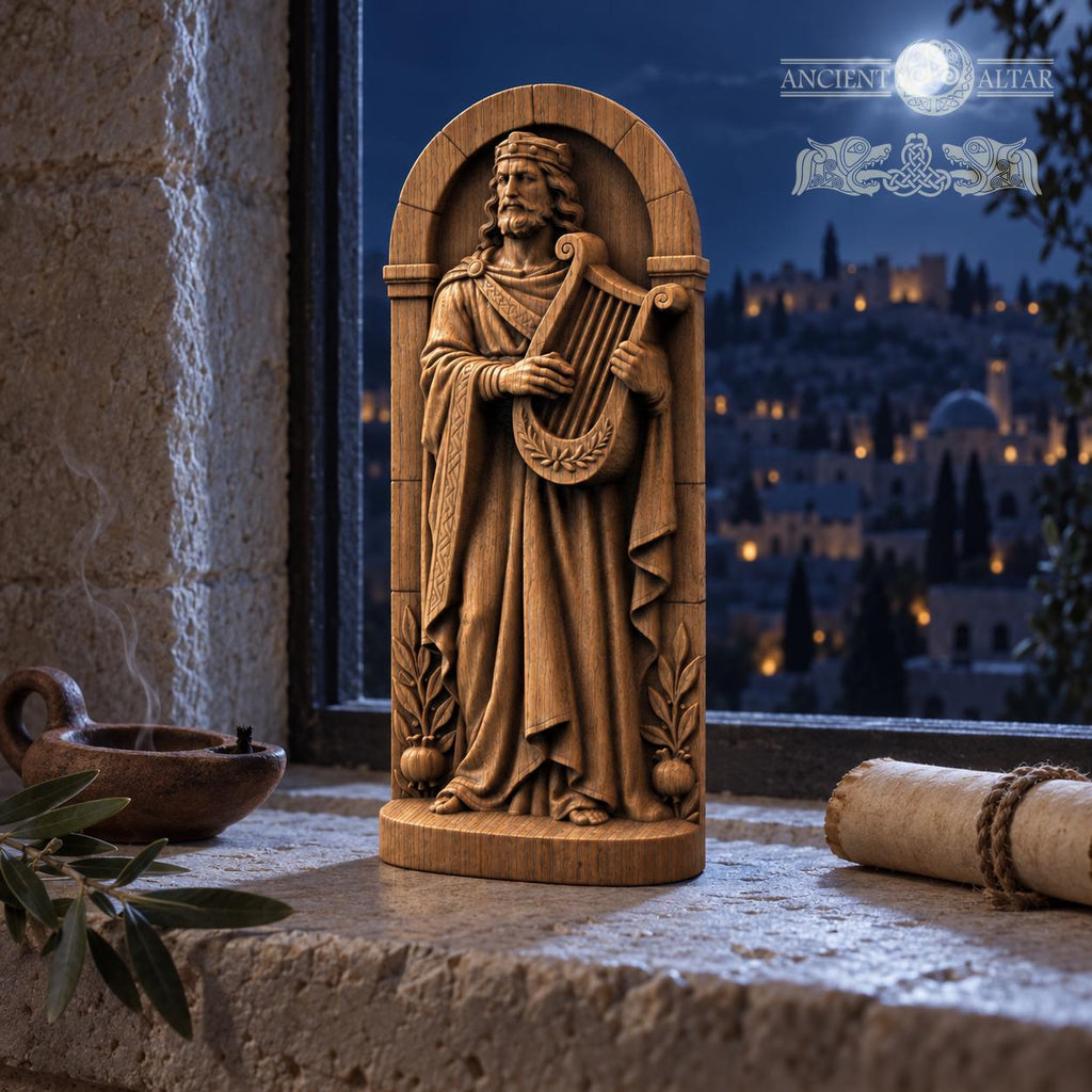 King David with Harp, Oak Wood Statue in Arched Frame, Biblical King Sculpture, Judaica Decor, Gift for Music Lovers