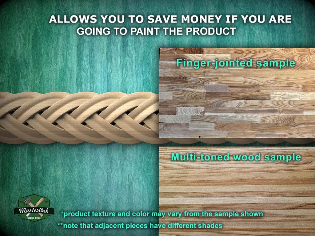 The image is a collage of two wood samples, one with a braided texture and the other with a multi-toned wood texture. The text above the images states that the product allows you to save money if you are going to paint the product. The image displays a finger-jointed sample and a multi-toned wood sample, both of which are used to demonstrate the different textures and colors of the product.