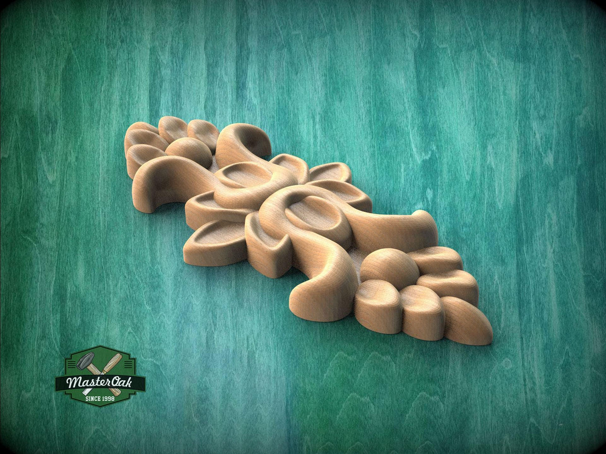 A wooden carving of a flower-like design is displayed against a green background.