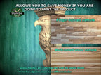 The image is a promotional advertisement for MasterOak, a company that specializes in painting products. It features a wooden eagle and a sample of multi-toned wood, along with text that provides information about the products.