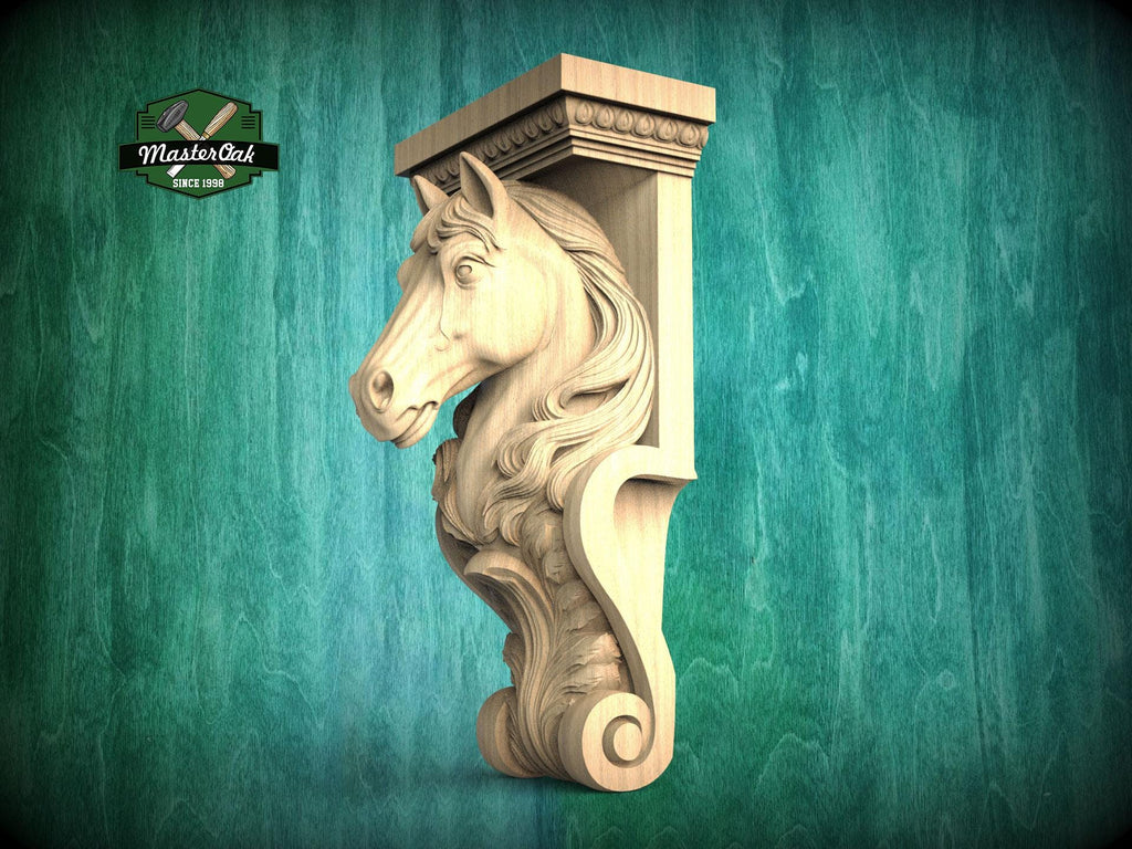 A carved wooden horse head with a decorative scroll design on a green background.