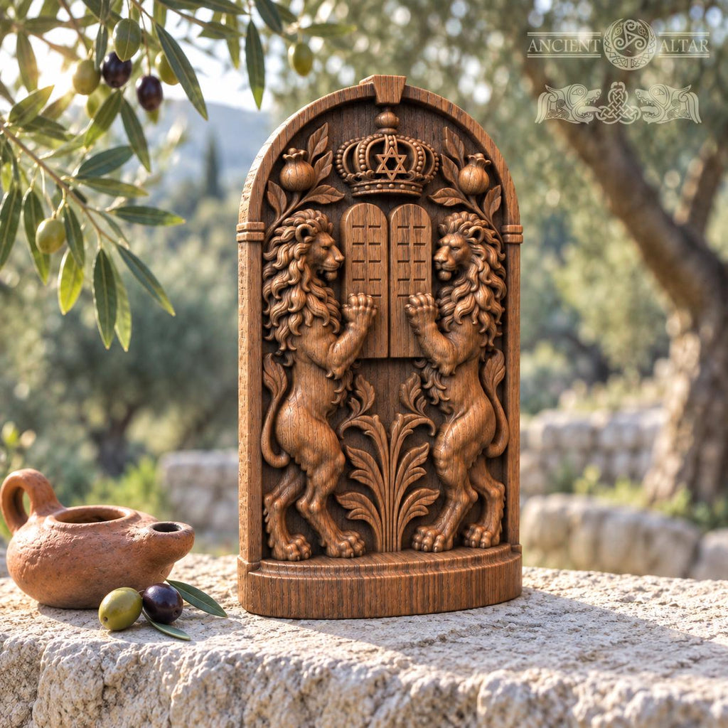 Lions and Tablets Judaica Sculpture, Solid Oak Ten Commandments Decor, Star of David and Crown, Jewish Housewarming Gift