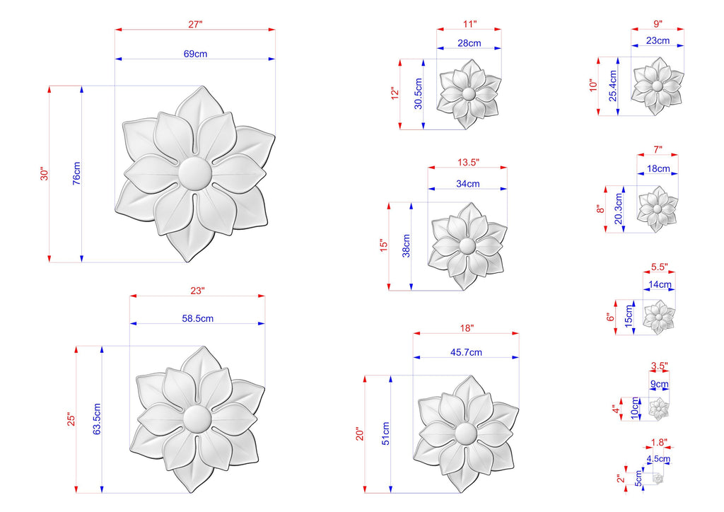 various sizes of flower-like sculptures, each with its own set of measurements. The sculptures are depicted in different sizes, ranging from small to large, and are arranged in a grid-like pattern. The image does not contain any text, and the descriptions provided are concise and avoid redundancy.