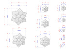 various sizes of flower-like sculptures, each with its own set of measurements. The sculptures are depicted in different sizes, ranging from small to large, and are arranged in a grid-like pattern. The image does not contain any text, and the descriptions provided are concise and avoid redundancy.