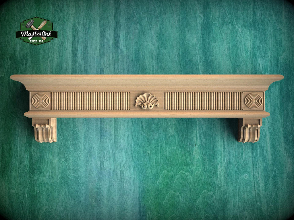Natural Wood Mantel with Fluted and Scroll Design - Ideal for Interior Enhancement, 1 pc, Unpainted, Mantle with corbels, Floating Shelf