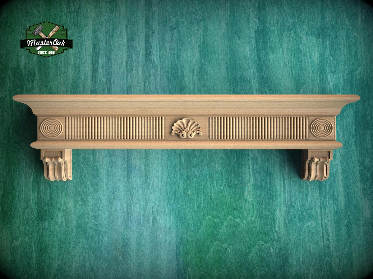 Natural Wood Mantel with Fluted and Scroll Design - Ideal for Interior Enhancement, 1 pc, Unpainted, Mantle with corbels, Floating Shelf