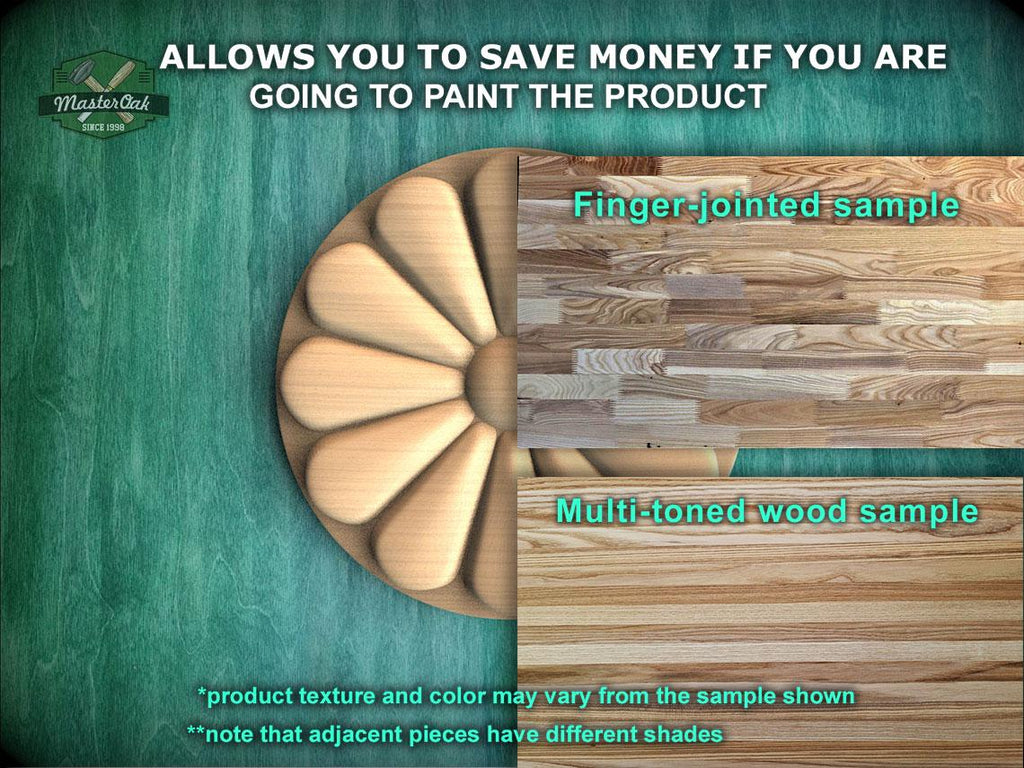The image is a promotional image for Master Oak, a company that sells wood products. It features a close-up of a wooden sample, including a finger-jointed sample and a multi-toned wood sample. The text on the image encourages viewers to save money by painting the product, highlighting the different textures and colors available. The image also mentions that the product texture and color may vary from the sample shown, and that adjacent pieces have different shades.