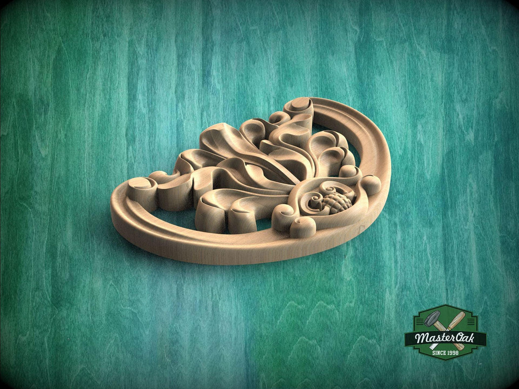 A wooden carving with an intricate floral design is displayed against a green background.