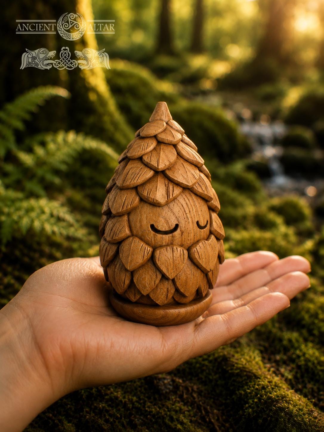 Pinecone Keeper Wooden Forest Spirit, Oak Woodland Figurine, Cute Nature Guardian, Rustic Cottagecore Decor, Small Fantasy Gift