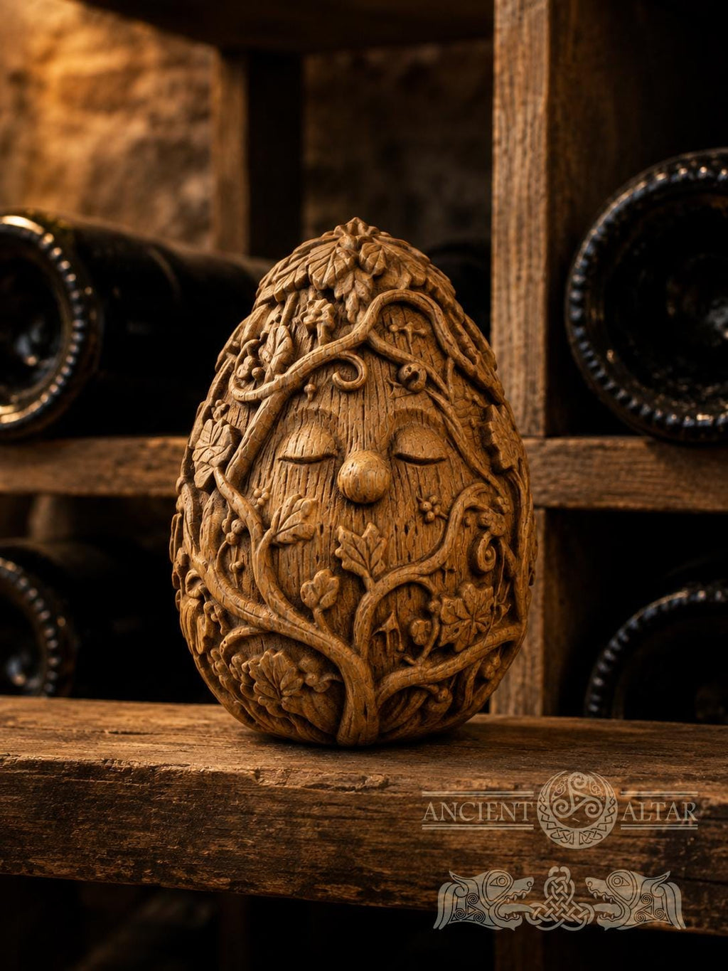 Wine Spirit Figurine, Carved Oak Vineyard Guardian, Wine Cellar Decor, Grape Vine Sculpture, Gift for Wine Lover, 2.76 Inch