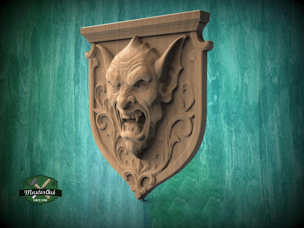 Gothic Grotesque Corbel – Vampire Gargoyle Mask on Heraldic Shield, Medieval Gothic Revival Decor, 1pc, Unpainted