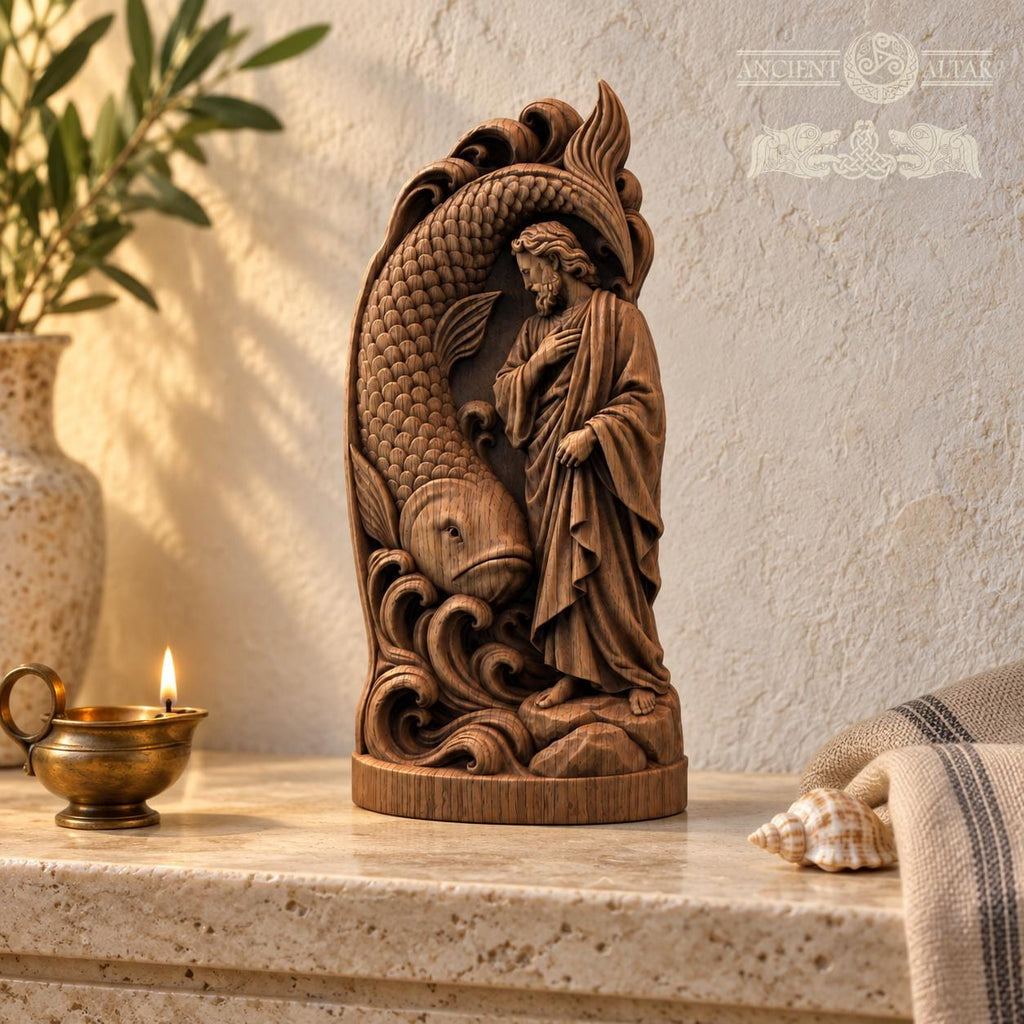 Jonah and the Great Fish Sculpture, Solid Oak Biblical Relief with Ocean Waves, Judaica Home Decor, Religious Gift